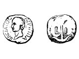 Coin of Herod Agrippa II 48-100 AD c58 AD.  Left: bust of Agrippa II. Right: anchor.